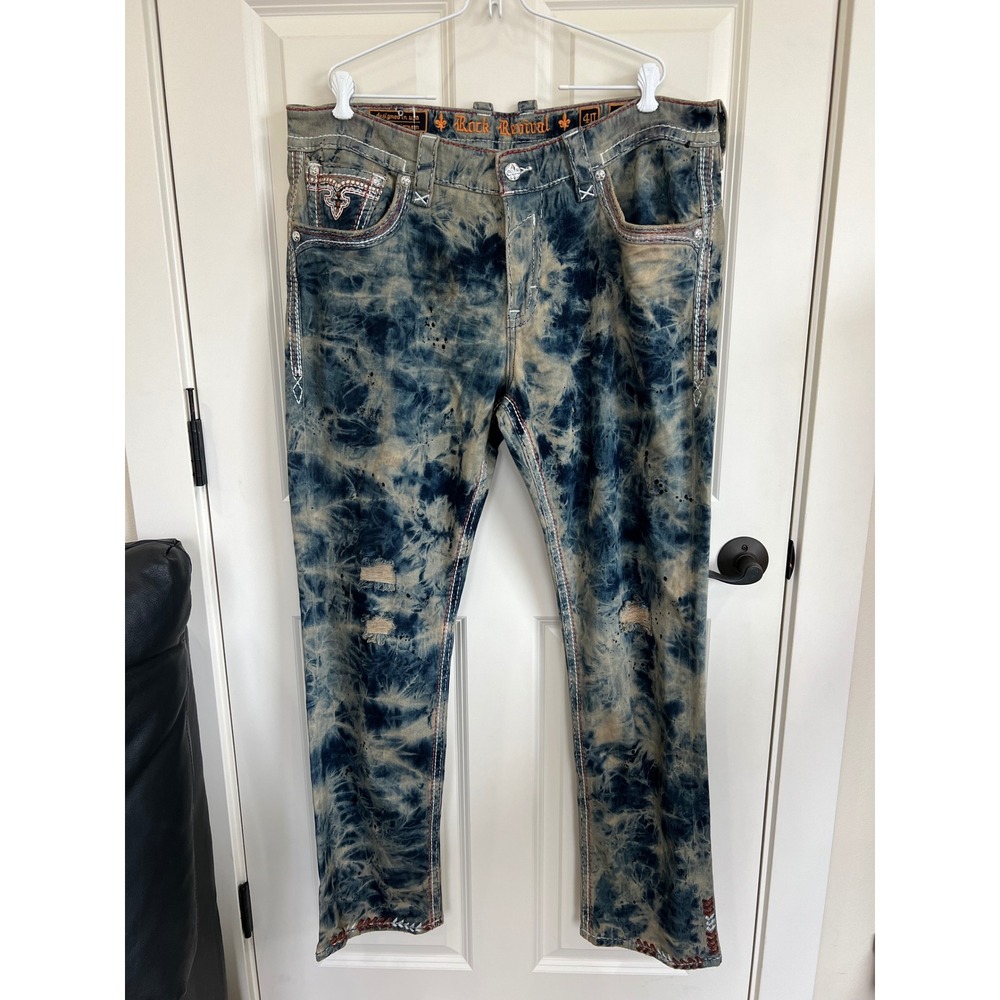 Rock Revival Men's Issac Alt Straight Tie Dye Embroidered Distressed Jeans Sz 40